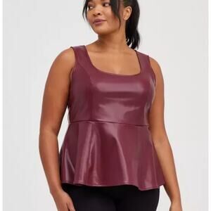 Torrid Faux Leather Peplum Blouse Plus Size 2X Wine Sleeveless Pullover Stretch
